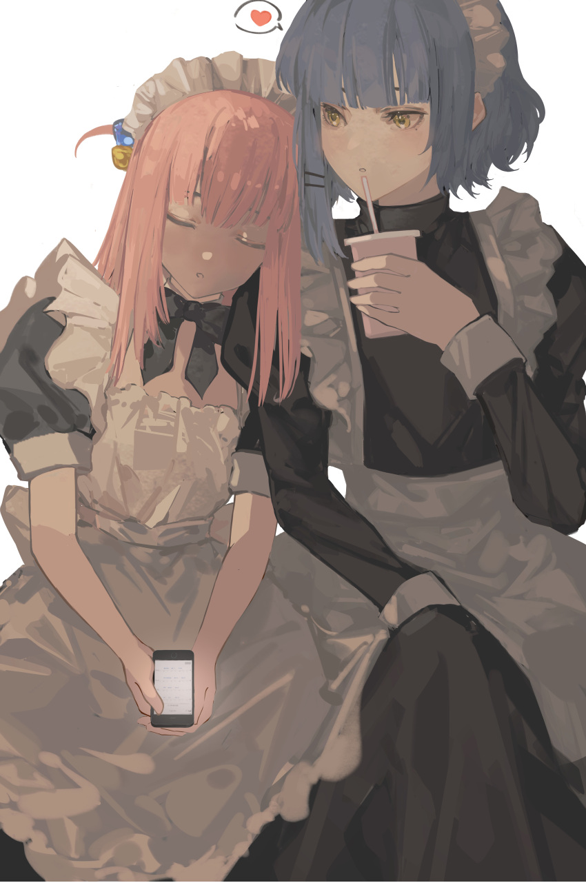 2girls, absurdres, alternate_costume, apron, asymmetrical_hair, blue_hair, blush, bocchi_the_rock!, cellphone, choker, closed_eyes, cube_hair_ornament, cup, drinking_straw, enmaided, gotoh_hitori, hair_between_eyes, hair_ornament, hairclip, heart, highres, holding, holding_cup, holding_phone, jiaotang_xiaodoudou, long_hair, long_sleeves, looking_at_another, maid, maid_apron, maid_headdress, mole, mole_under_eye, multiple_girls, one_side_up, phone, pink_hair, puffy_short_sleeves, puffy_sleeves, ribbon_choker, short_hair, short_sleeves, simple_background, sitting, sleeping, sleeping_on_person, smartphone, spoken_heart, turtleneck, white_background, yamada_ryo, yellow_eyes, yuri