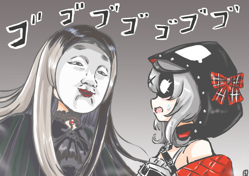 2girls, absurdres, black_hair, bow, domino_mask, gradient_background, grey_background, grey_hair