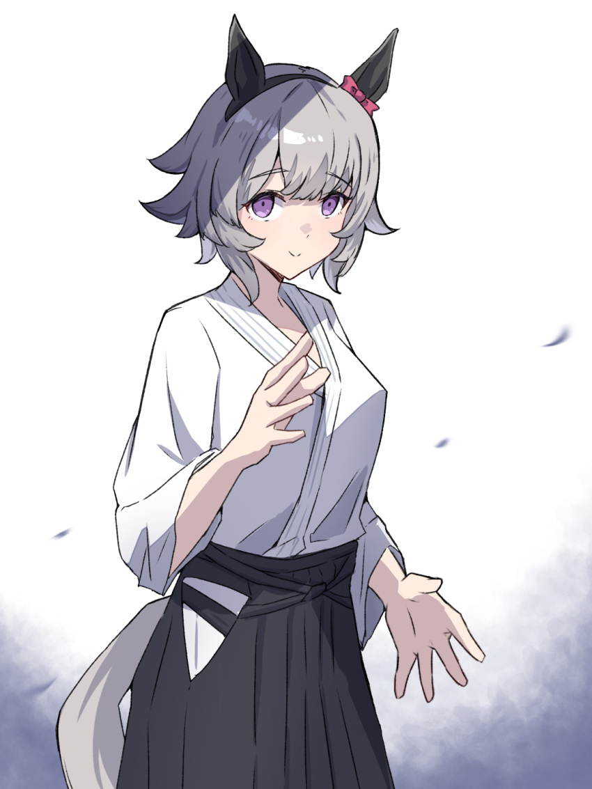 1girl, aikidou, alternate_costume, animal_ears, black_hairband, bow, commentary, curren_chan_(umamusume)