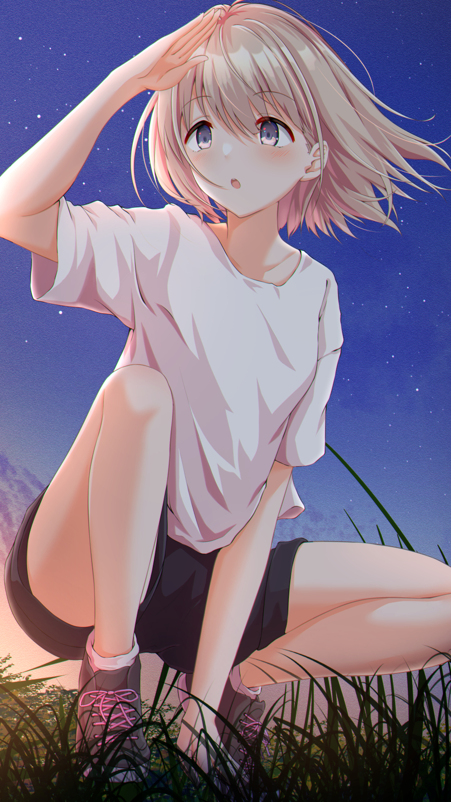 1girl, arm_up, black_shorts, blue_eyes, blush, breasts, collarbone, dot_nose
