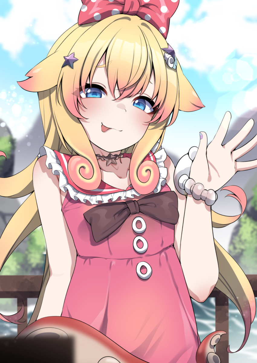 1girl, :p, absurdres, blonde_hair, blue_eyes, bow, bracelet, brown_bow