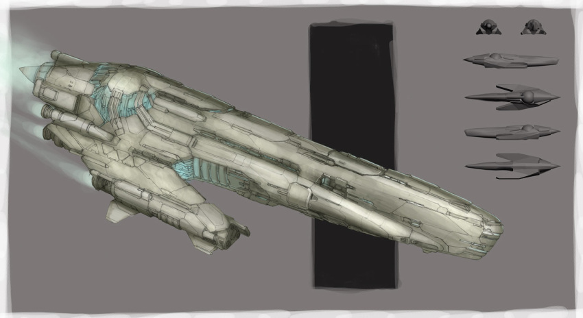 commentary, concept_art, destroyer_(eve_online), eve_online, flying, from_side, grey_background, grey_theme