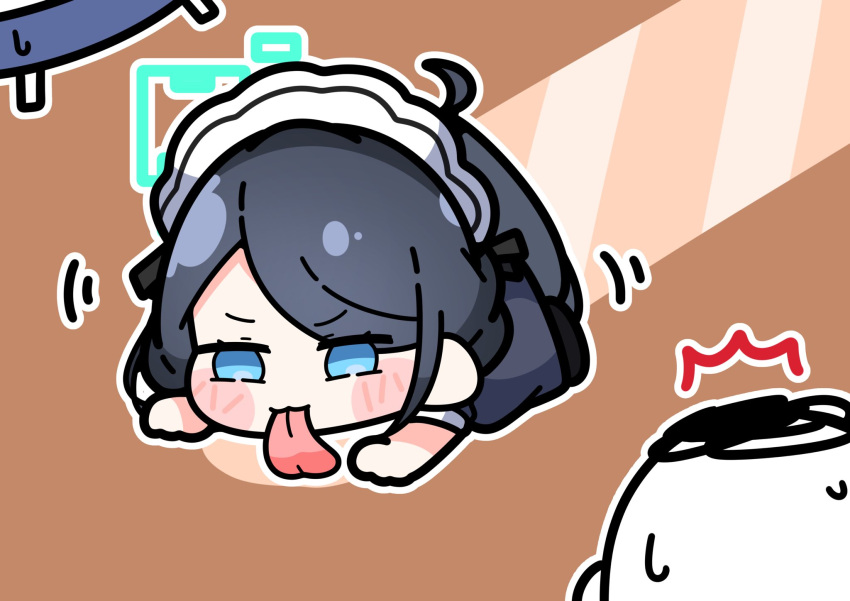 1boy, 1girl, ^^^, arima_kana, aris_(blue_archive), aris_(maid)_(blue_archive), arona's_sensei_doodle_(blue_archive), black_hair, blue_archive, blue_eyes, blush, chibi, cleaning, commentary_request, halo, highres, l4ttekim, licking, licking_floor, long_hair, maid, maid_headdress, official_alternate_costume, on_floor, oshi_no_ko, parody, ponytail, robotic_vacuum_cleaner, sensei_(blue_archive), surprised, sweatdrop, vacuum_cleaner