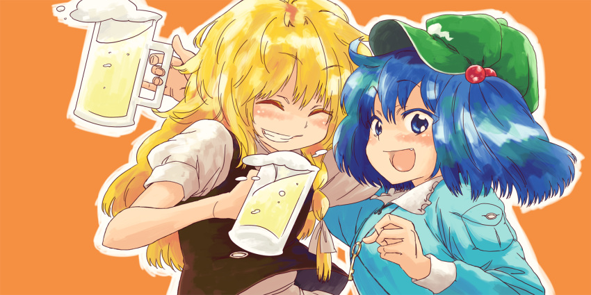 bad_id, beer, blonde_hair, blue_eyes, blue_hair, grin, hair_bobbles, hair_ornament, kawashiro_nitori, kirisame_marisa, matsutani, multiple_girls, sketch, smile, touhou
