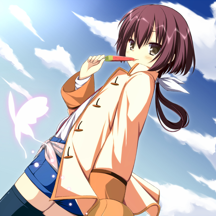 1girl, asagi_nanami, black_thighhighs, blue_shorts, blue_sky, blush, brown_eyes, brown_hair