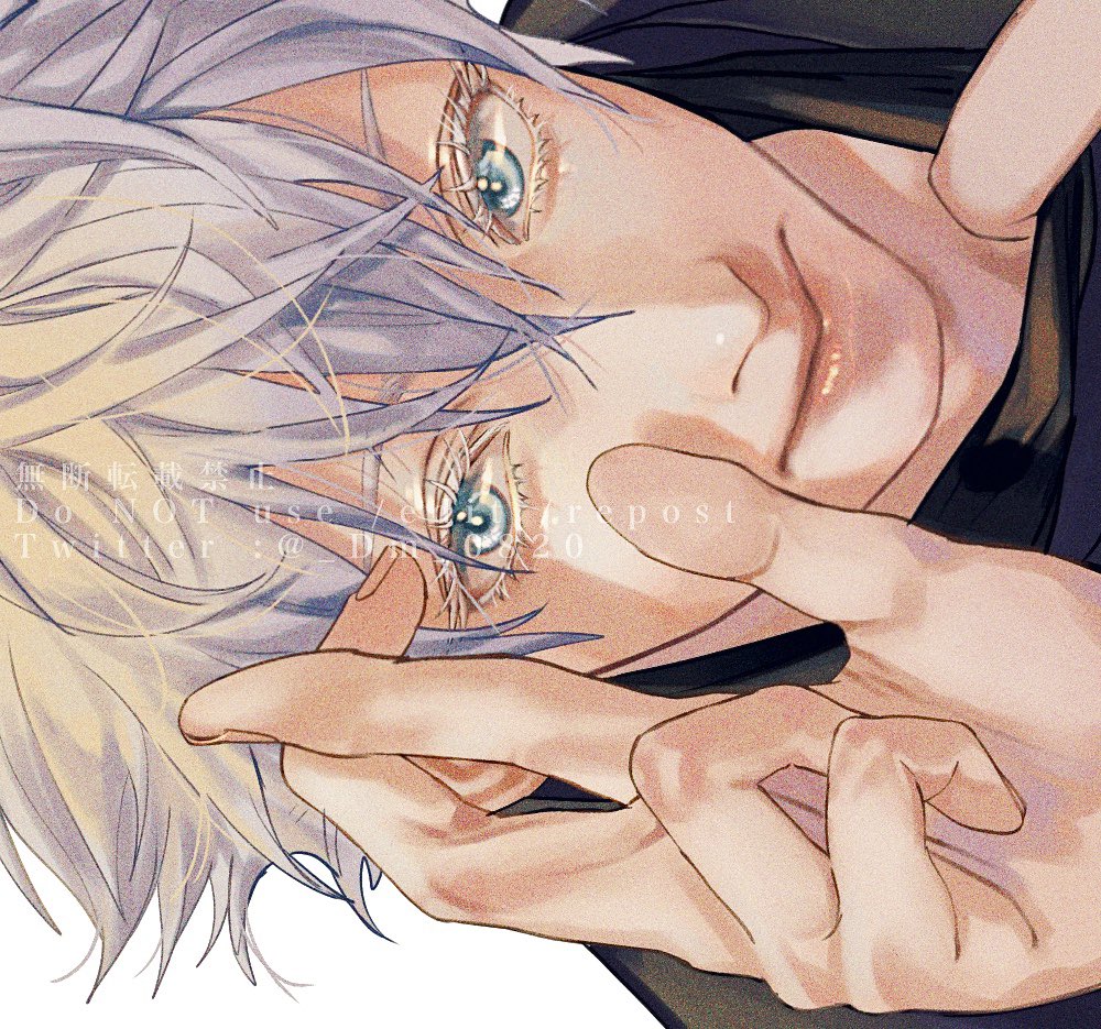 1boy, arms_up, black_shirt, blue_eyes, crossed_fingers, dm_0820, eyelashes, gojou_satoru