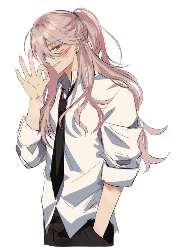 1boy, black_necktie, black_pants, blood, blood_on_face, collared_shirt, earrings, facing_to_the_side, h4td4, half_updo, hands_in_pockets, jewelry, kaida_shion, long_hair, looking_at_viewer, male_focus, necktie, ok_sign, pants, paradox_live, pink_hair, ponytail, red_eyes, shirt, smirk, solo, teeth, white_background, white_shirt