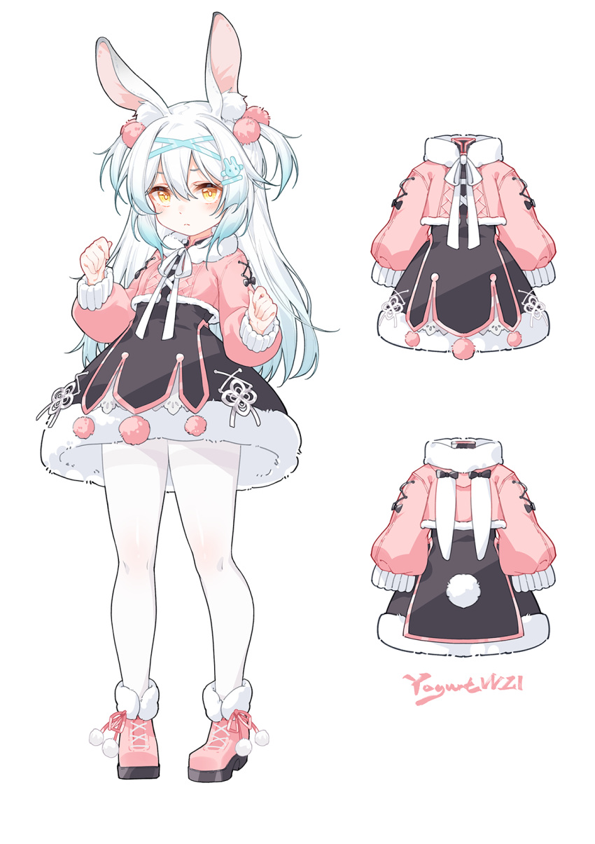 1girl, animal_ear_fluff, animal_ears, black_dress, brown_eyes, dress, full_body, fur_trim