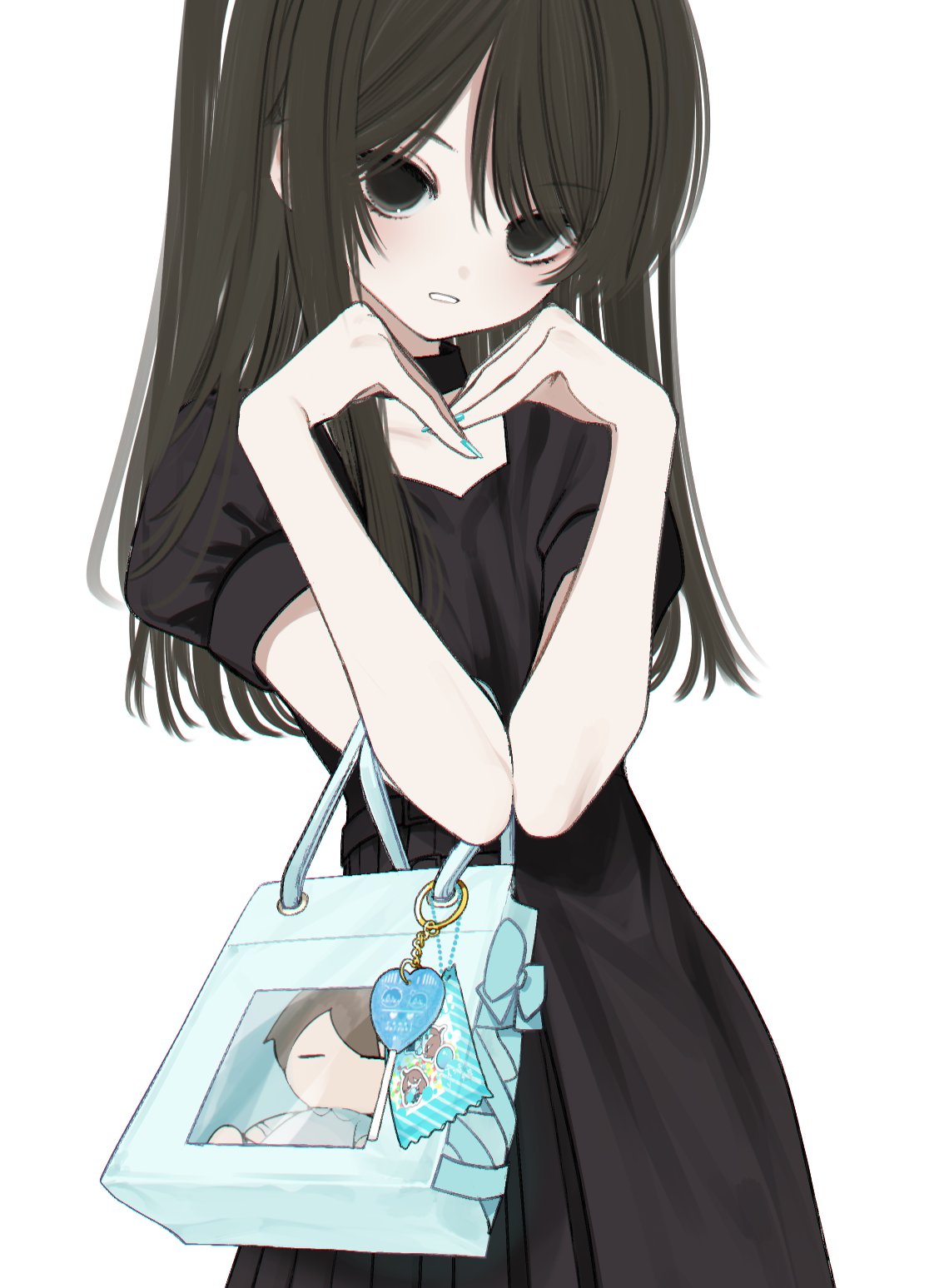 1girl, aqua_nails, archived_source, bag, black_dress, black_eyes, black_hair, character_doll