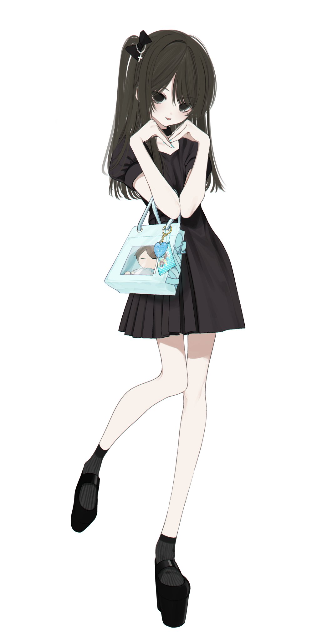 1girl, :p, aqua_nails, archived_source, bag, black_bow, black_dress, black_eyes