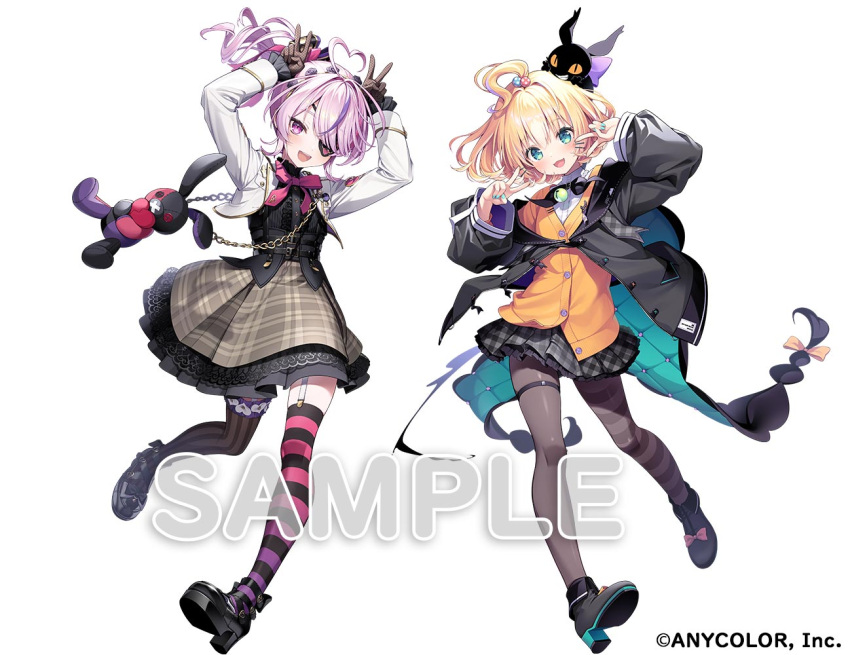 2girls, ahoge, asymmetrical_legwear, bata000e, black_footwear, black_jacket, black_robe, black_skirt