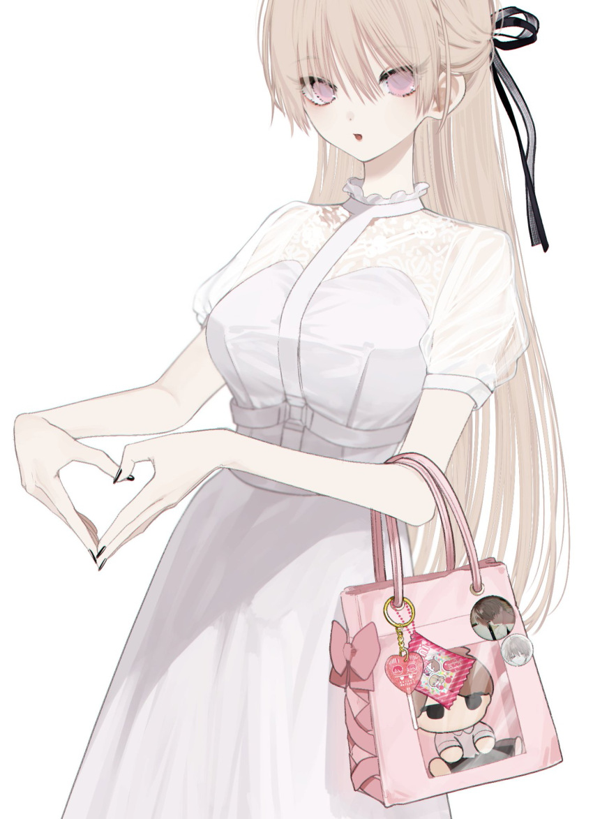 1girl, archived_source, bag, black_nails, black_ribbon, character_doll, dress, fujimoto_shiki