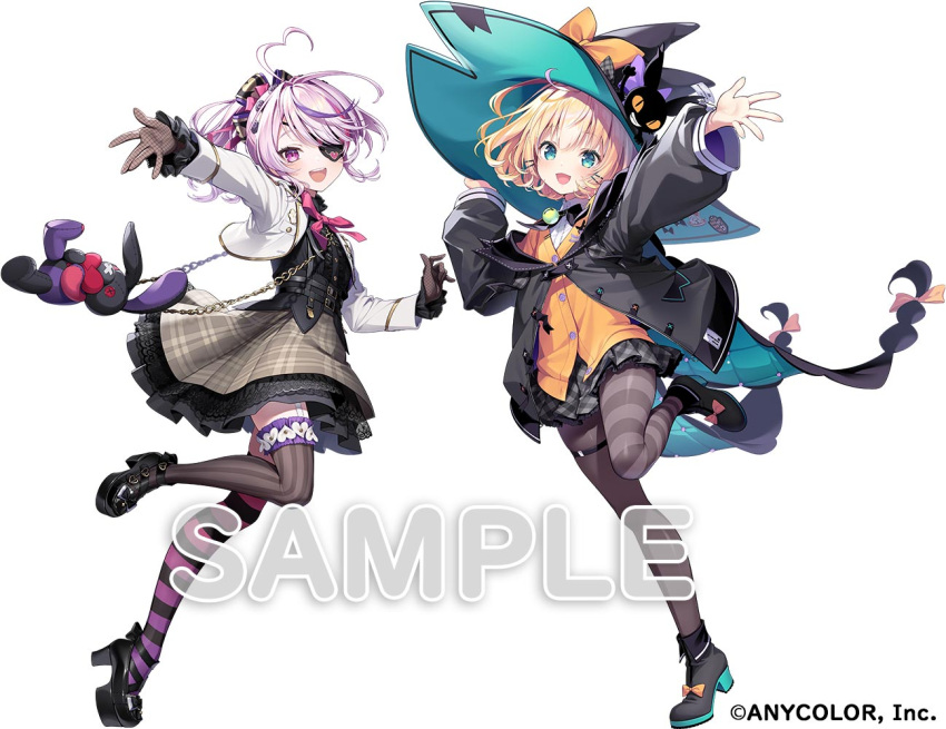 2girls, ahoge, asymmetrical_legwear, bata000e, black_footwear, black_jacket, black_robe, black_skirt