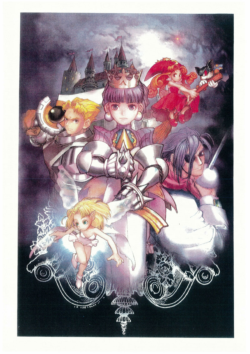 3girls, arlia, armor, armored_dress, blonde_hair, castle, crown, dress, earrings, edward_glowstar, eyepatch, gabriel_(princess_crown), gauntlets, george_kamitani, gradriel, jewelry, multiple_boys, multiple_girls, portgus_chrisford, princess_crown, purple_hair, red_hair, redhead, sword, wavy_hair, weapon