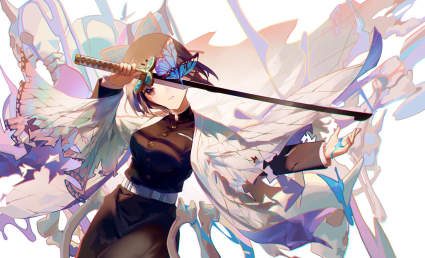 1girl, belt, black_hair, breasts, bug, butterfly, demon_slayer_uniform, gradient_hair