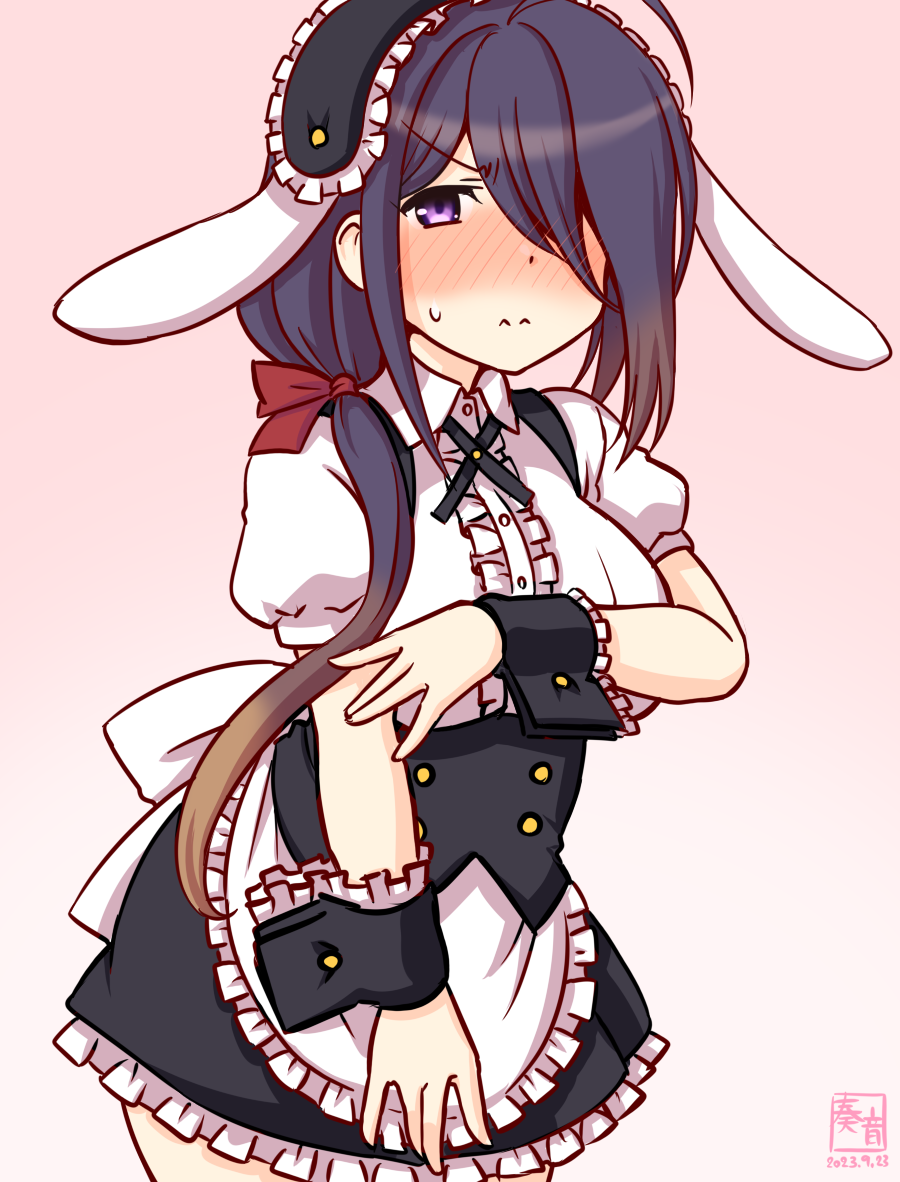 1girl, ahoge, animal_ears, apron, ariake_(kancolle), black_hairband, blush, breasts