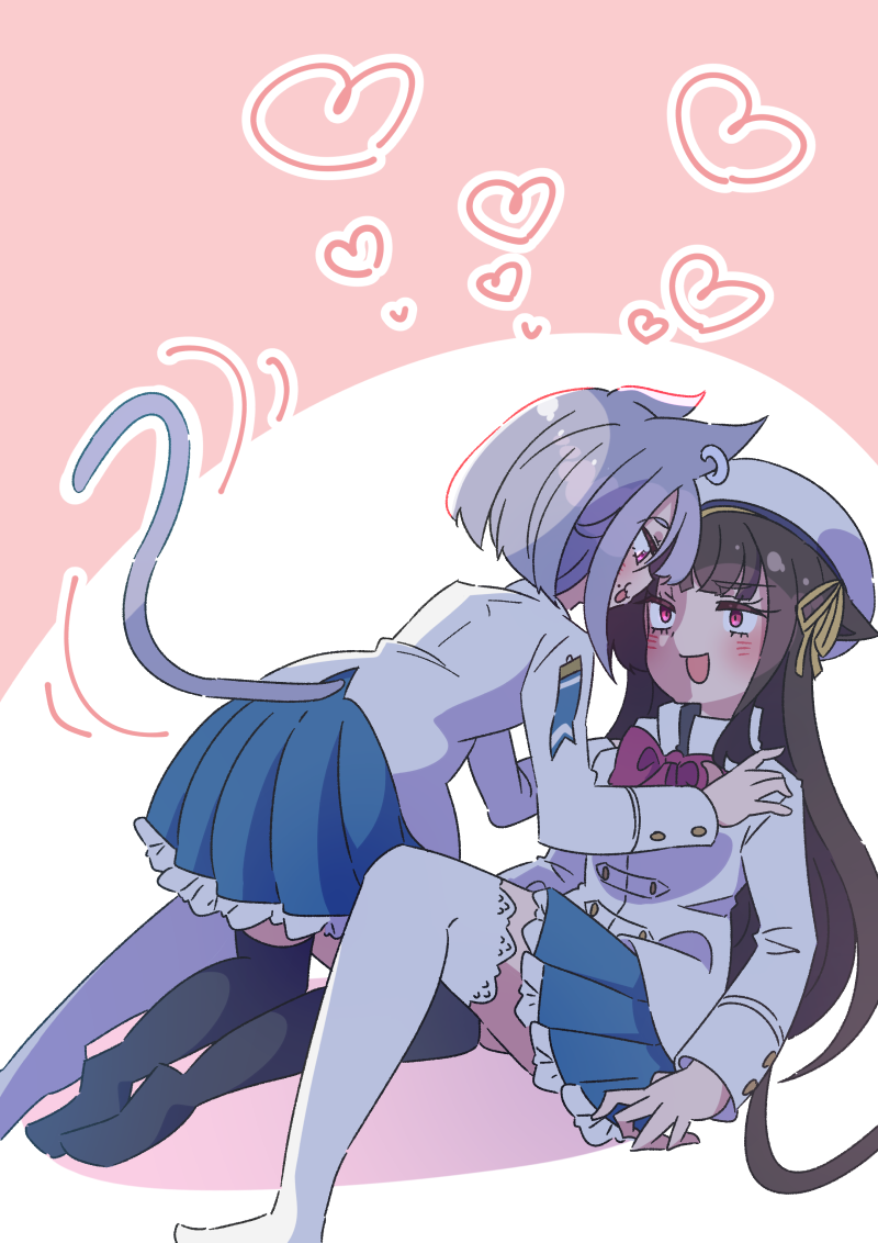 2girls, :3, all_fours, animal_ears, assault_lily, beret, black_hair, black_thighhighs