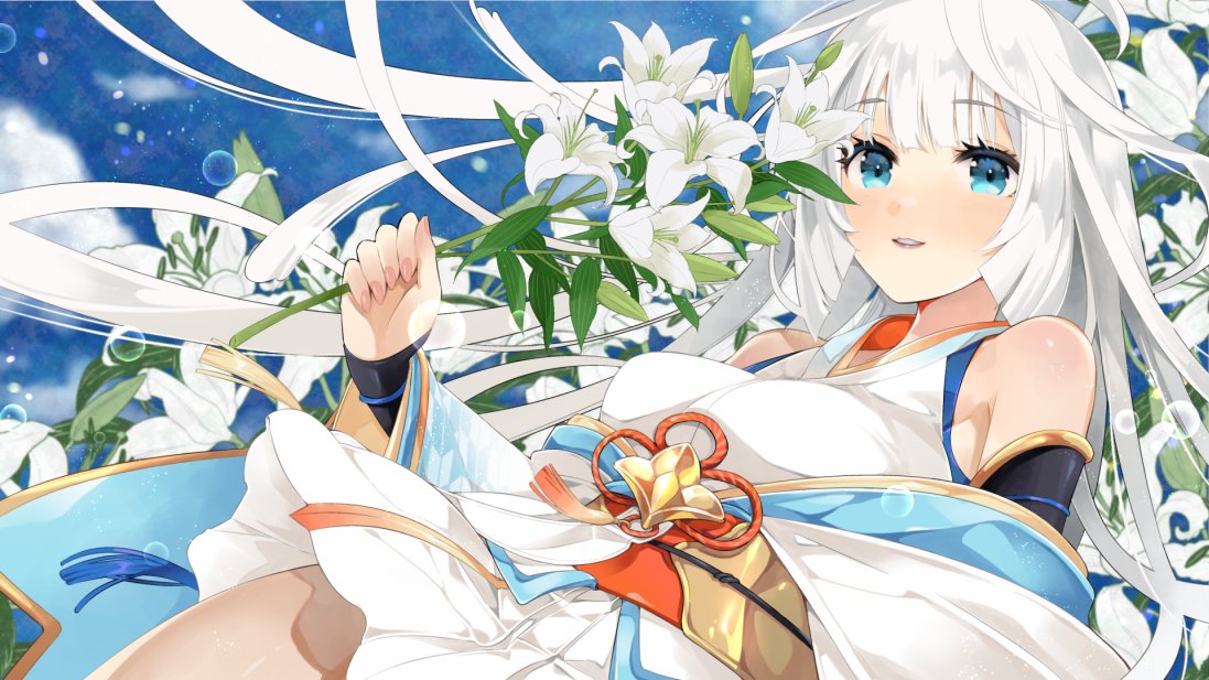 1girl, ayakashi_rumble!, bare_shoulders, fingernails, flower, holding, holding_flower, japanese_clothes