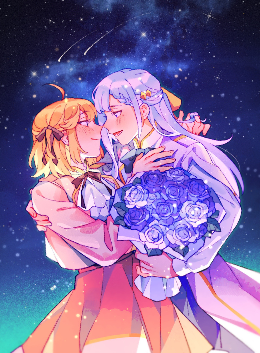 2girls, ahoge, anisphia_wynn_palettia, black_ribbon, blonde_hair, bouquet, commentary_request, esther980174