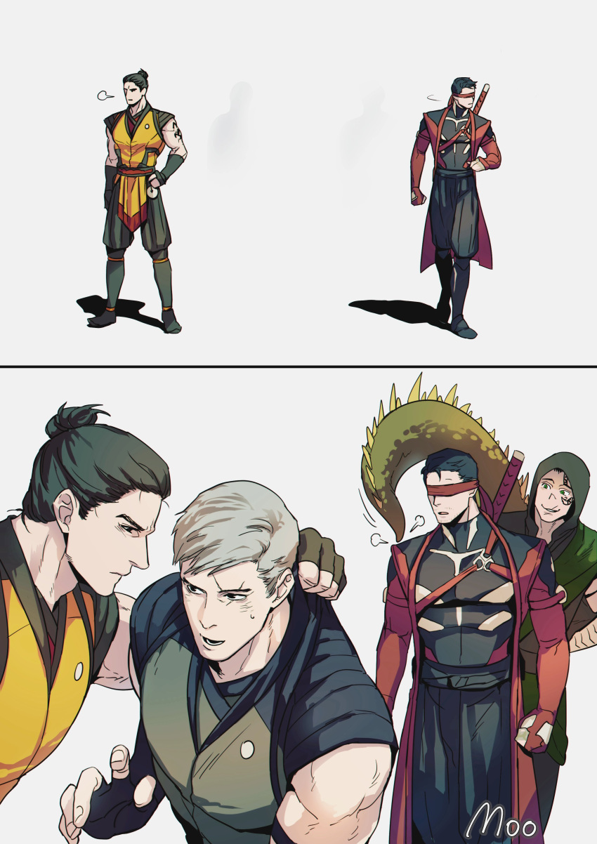 4boys, absurdres, arm_tattoo, artist_name, black_gloves, black_hair, black_pants, blindfold