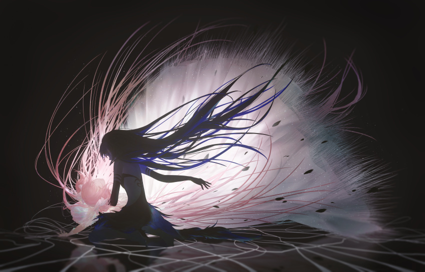 2girls, absurdres, akemi_homura, akuma_homura, bare_back, barefoot, black_background, black_dress