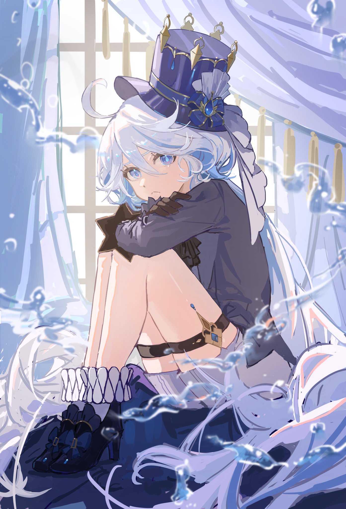 1girl, 666_krs000, ahoge, black_footwear, black_gloves, blue_bow, blue_brooch, blue_eyes, blue_hair, blue_headwear, blue_jacket, bow, closed_mouth, curtains, full_body, furina_(genshin_impact), furrowed_brow, genshin_impact, gloves, hair_between_eyes, hat, high_heels, highres, indoors, jacket, knees_up, legs, light_blue_hair, long_hair, looking_at_viewer, multicolored_hair, shorts, sidelocks, sitting, socks, solo, streaked_hair, teardrop, top_hat, white_shorts, white_socks, window