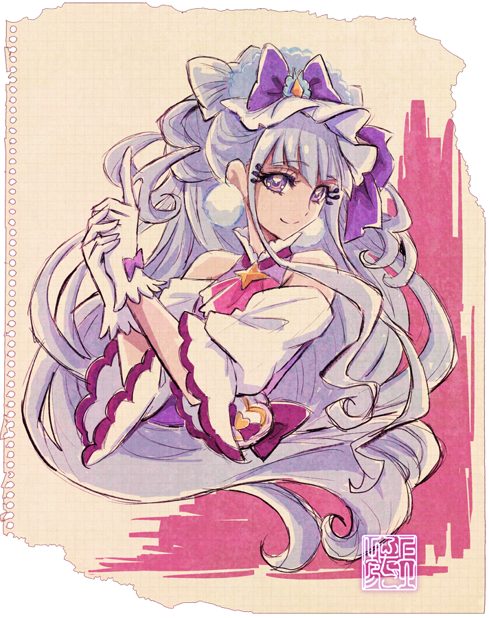 1girl, artist_logo, ascot, bare_shoulders, commentary_request, cure_amour, dress, earrings
