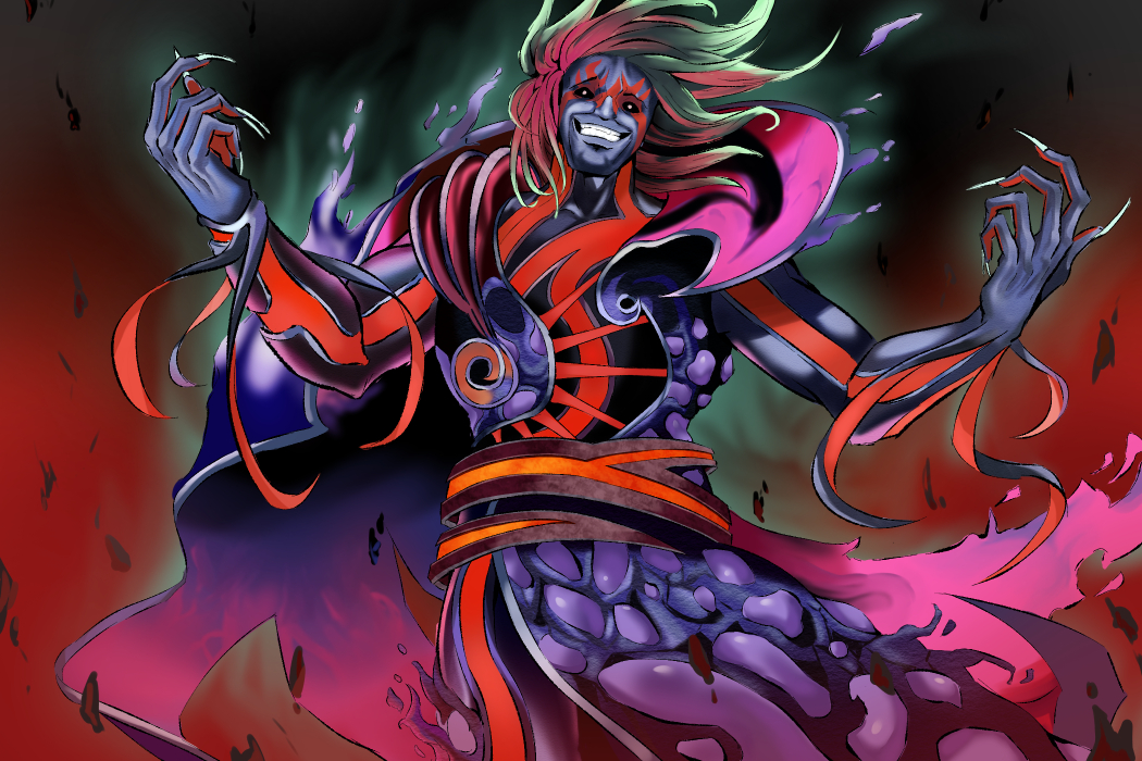 1boy, black_background, black_sclera, colored_sclera, colored_skin, commentary_request, gradient_background, green_hair
