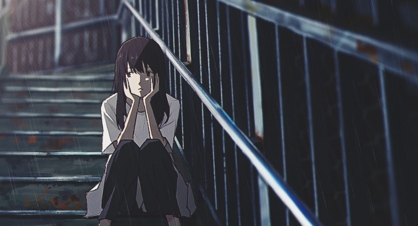 1girl, black_eyes, black_hair, black_pants, hands_on_own_cheeks, hands_on_own_face, head_rest, long_hair