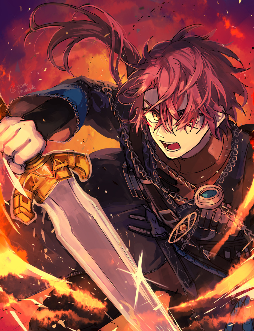 1boy, black_coat, black_pants, brown_eyes, cain_knightley, chain, coat, floating_hair