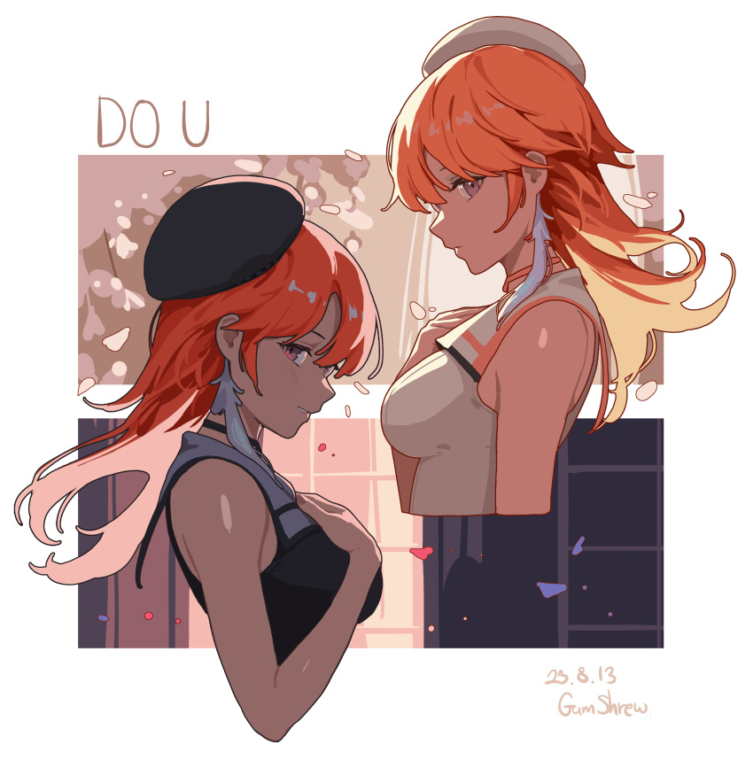 2girls, absurdres, bare_arms, black_headwear, black_shirt, blonde_hair, brown_eyes, closed_mouth