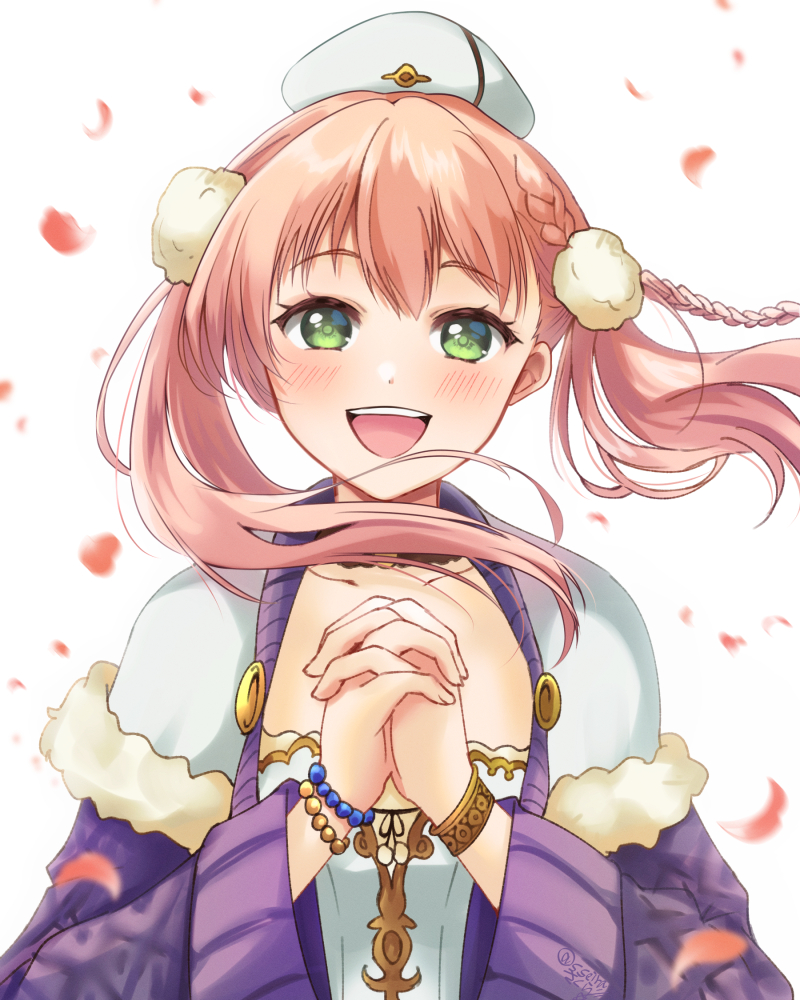 1girl, :d, atelier_(series), atelier_escha_&amp;_logy, blush, bracelet, braid, capelet