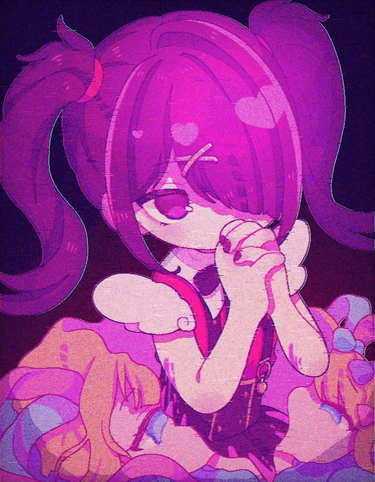 1girl, ame-chan_(needy_girl_overdose), black_eyes, black_hair, black_nails, black_ribbon, black_skirt, blonde_hair, blood, blood_on_clothes, blue_bow, blue_eyes, blue_hair, bow, chouzetsusaikawa_tenshi-chan, collar, collared_shirt, commentary, film_grain, glitch, hair_ornament, hair_over_one_eye, hair_tie, hands_up, heart, interlocked_fingers, looking_at_viewer, nail_polish, neck_ribbon, needy_girl_overdose, own_hands_together, pink_blood, pink_bow, pink_hair, purple_bow, red_shirt, ribbon, shedding_skin, shirt, shirt_tucked_in, skirt, solo, suspender_skirt, suspenders, twintails, white_collar, x_hair_ornament, yo_(wetpotatosunsun)