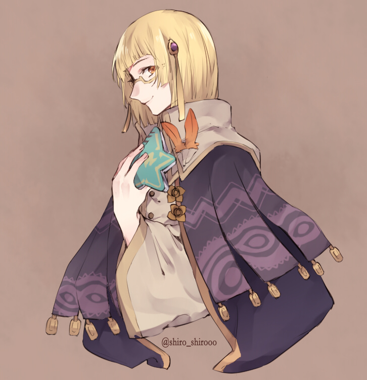 1boy, arthur_(rune_factory), blonde_hair, brown_background, cape, closed_mouth, commentary_request, feathers