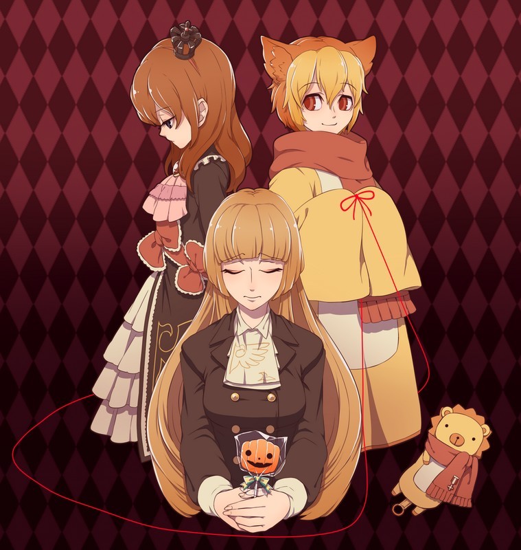 animal_ears, bangs, blonde_hair, blunt_bangs, brown_hair, crown, dress, frills