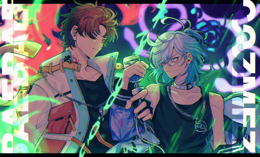 2boys, black_shirt, black_tank_top, blue_hair, choker, facing_to_the_side, highres, jacket