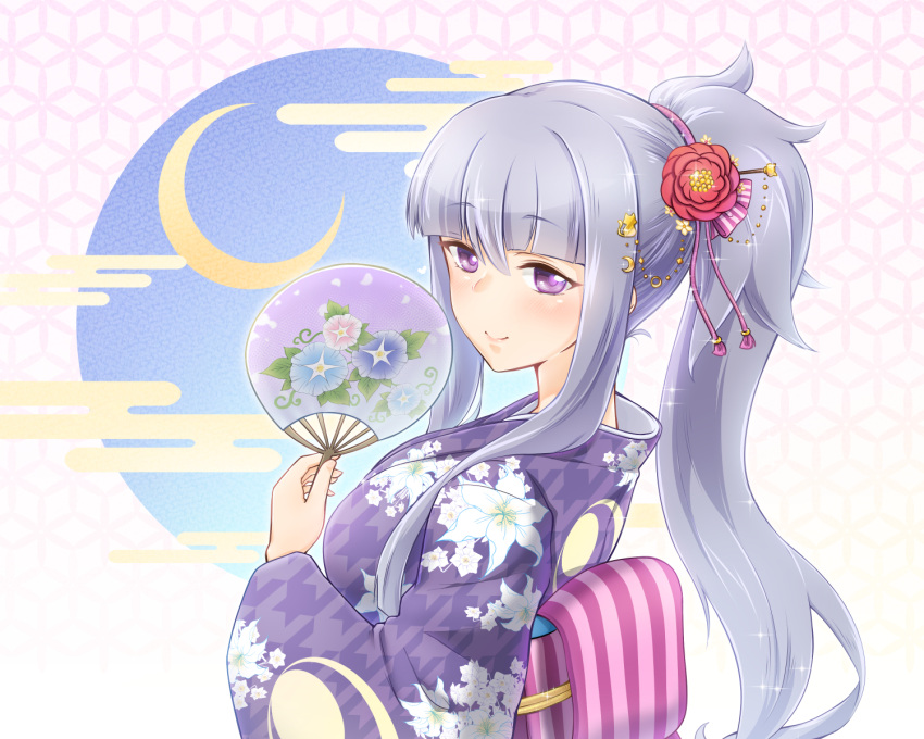 1girl, alternate_costume, closed_mouth, commission, crescent, egasumi, floral_print, flower, from_side, hair_flower, hair_ornament, hand_fan, hand_up, highres, japanese_clothes, kimono, light_purple_hair, looking_at_viewer, mikazuki_munechika_(tenka_hyakken), morning_glory_print, nukari_k, obi, obijime, ponytail, purple_kimono, sash, sidelocks, skeb_commission, smile, solo, tenka_hyakken, upper_body, violet_eyes, yukata