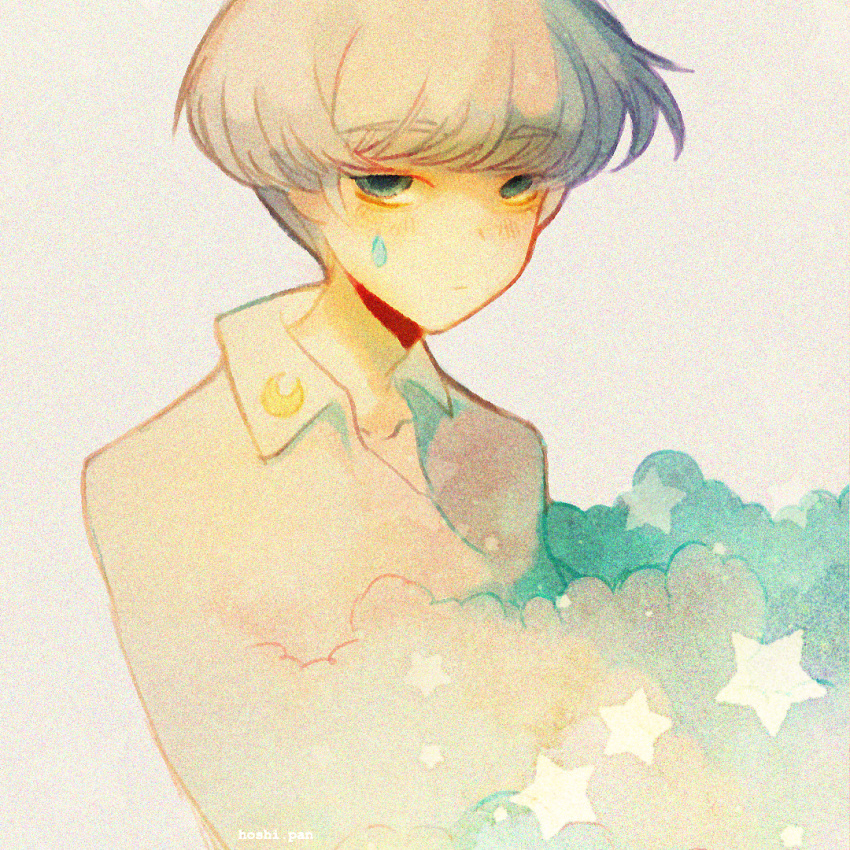 1boy, blue_eyes, blush_stickers, closed_mouth, clouds, collarbone, collared_shirt, commentary, crescent_print, english_commentary, expressionless, hoshi-pan, looking_at_viewer, male_focus, marking_on_cheek, original, shirt, short_hair, solo, star_(symbol), teardrop_facial_mark, upper_body, white_background, white_shirt