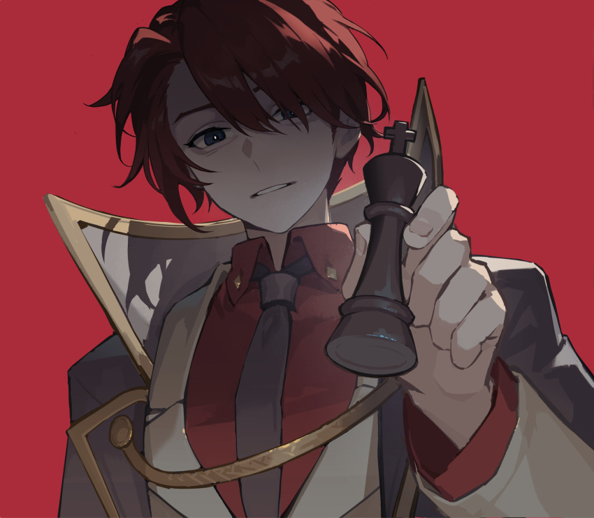 1boy, black_necktie, blue_eyes, bright_pupils, chess_piece, chinese_commentary, coat, collared_shirt