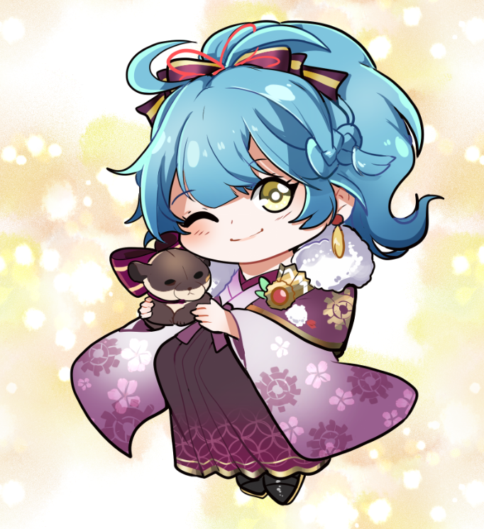 1girl, antenna_hair, blue_hair, chibi, earrings, fire_emblem, fire_emblem_heroes, high_ponytail, holding, holding_stuffed_toy, jewelry, looking_at_viewer, official_alternate_costume, one_eye_closed, reginn_(fire_emblem), reginn_(new_year)_(fire_emblem), smile, solo, stuffed_animal, stuffed_toy, yami11, yellow_eyes