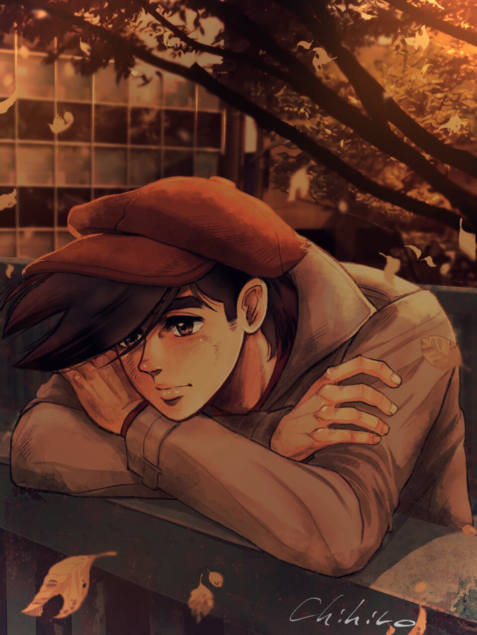 1boy, artist_name, ashita_no_joe, autumn, autumn_leaves, black_hair, blurry, blurry_background, brown_eyes, brown_headwear, brown_jacket, building, chihiro_(jnkch6), city, closed_mouth, commentary, crossed_arms, expressionless, falling_leaves, head_rest, highres, jacket, leaf, long_sleeves, looking_afar, looking_ahead, male_focus, outdoors, short_hair, sideburns, solo, thick_eyebrows, tree, yabuki_jou