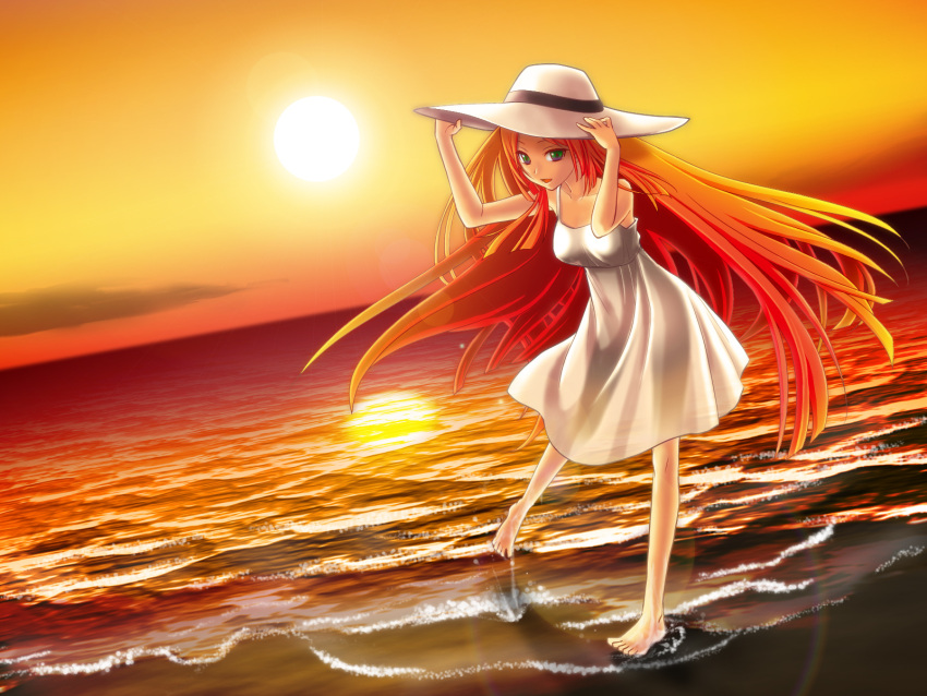 barefoot, beach, gradient_eyes, kiku_no_ji, namine_ritsu, redhead, sunset, trap
