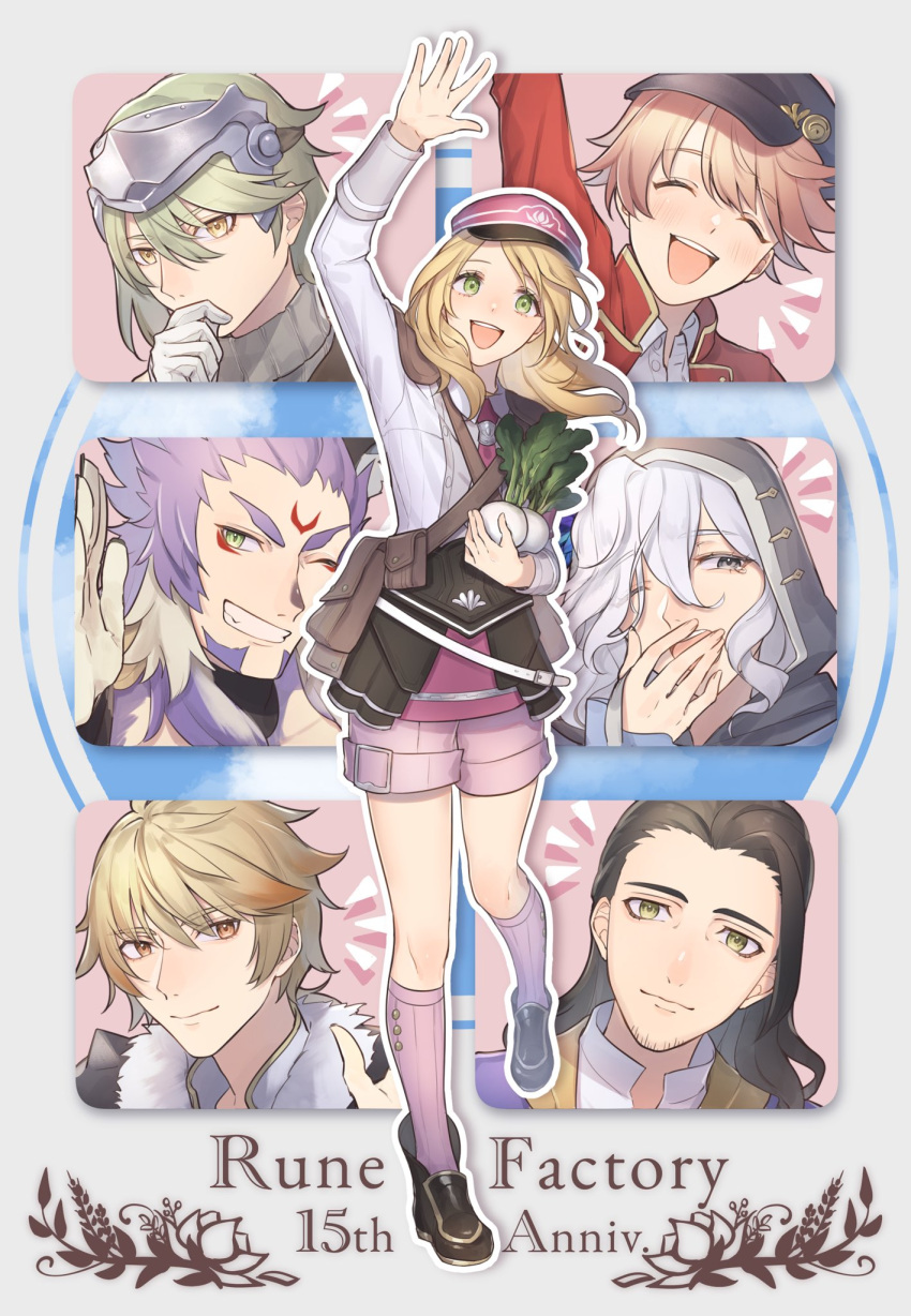 1girl, 6+boys, :d, alice_(rune_factory), anniversary, arm_up, beard, blonde_hair