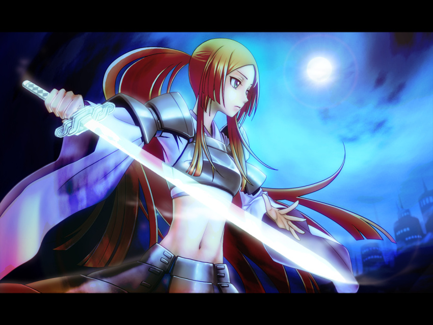 gradient_eyes, katana, kiku_no_ji, midriff, multicolored_eyes, namine_ritsu, navel, ponytail, red_hair, redhead, sword, trap, utau, weapon