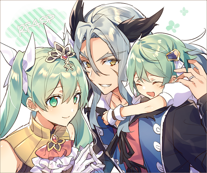 1girl, 2boys, :d, animal_ears, ascot, bare_shoulders, black_jacket, black_ribbon