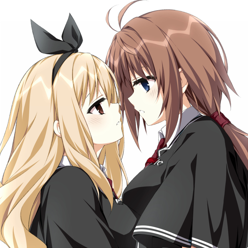 2girls, antenna_hair, asagi_nanami, black_capelet, black_ribbon, blonde_hair, blue_eyes, blush