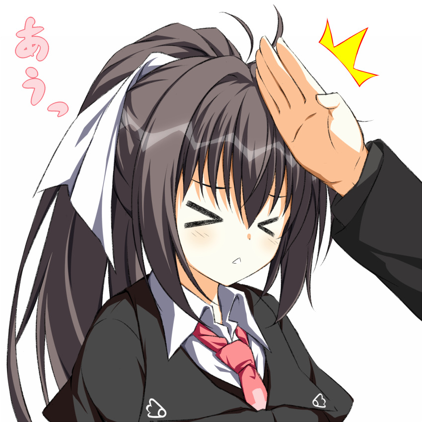 >_<, 1girl, 1other, :<, ^^^, antenna_hair, asagi_nanami, blush, brown_hair, chop, close-up, commentary_request, hair_between_eyes, hair_intakes, hair_ribbon, highres, kawachino_suzuna, long_hair, necktie, open_mouth, ponytail, red_necktie, ribbon, sakura_no_toki, school_uniform, solo_focus, translated, white_ribbon