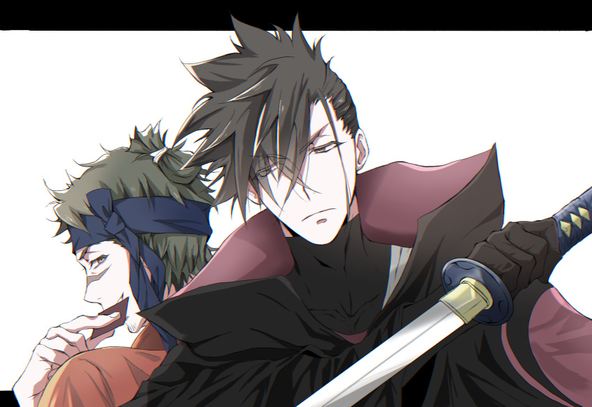 2boys, black_hair, blue_headband, brown_hair, card, facial_hair, hair_between_eyes, headband