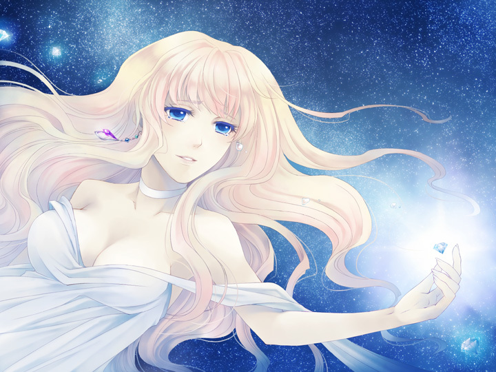 blonde_hair, blue_eyes, breasts, choker, cleavage, diamond, earrings, jewelry, long_hair, macross, macross_frontier, sheryl_nome, single_earring, star, tears, uduki_eri, uzuki_eri