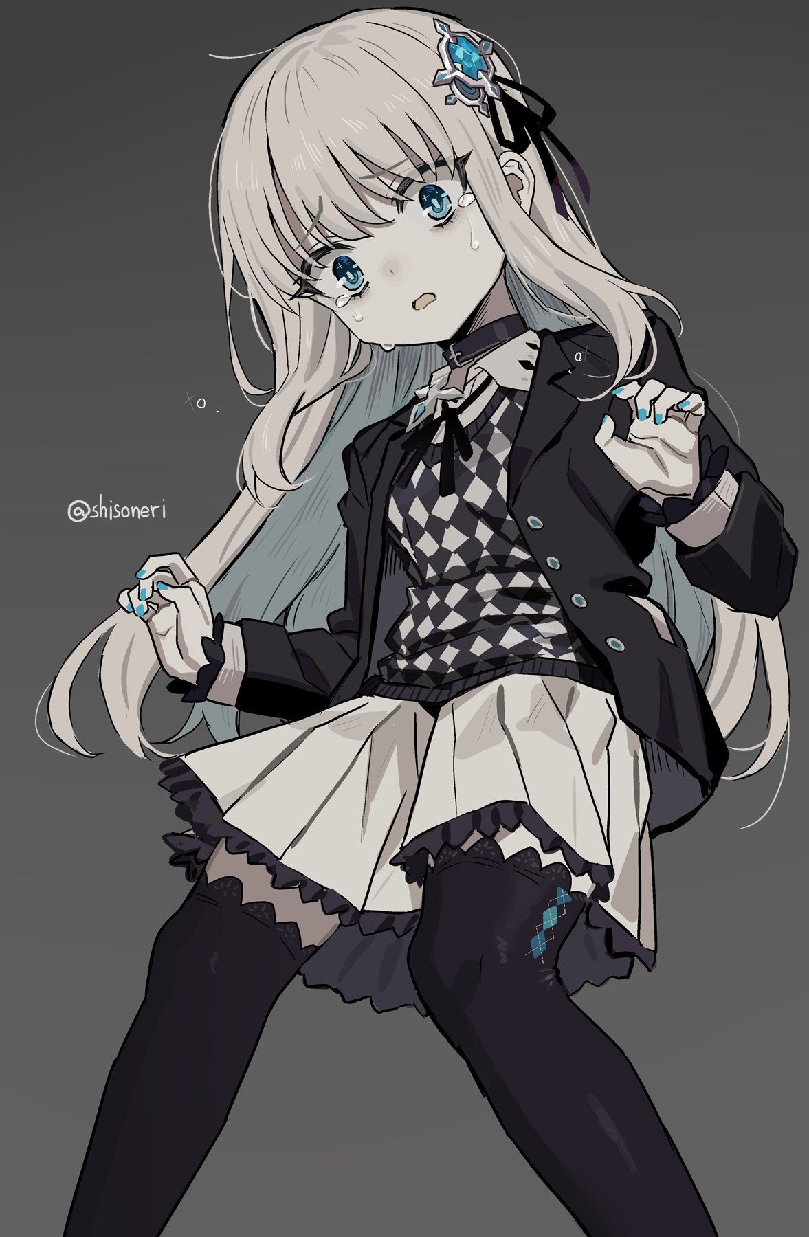 1girl, argyle, argyle_shirt, black_ribbon, blue_eyes, blue_nails, checkered_clothes, checkered_vest